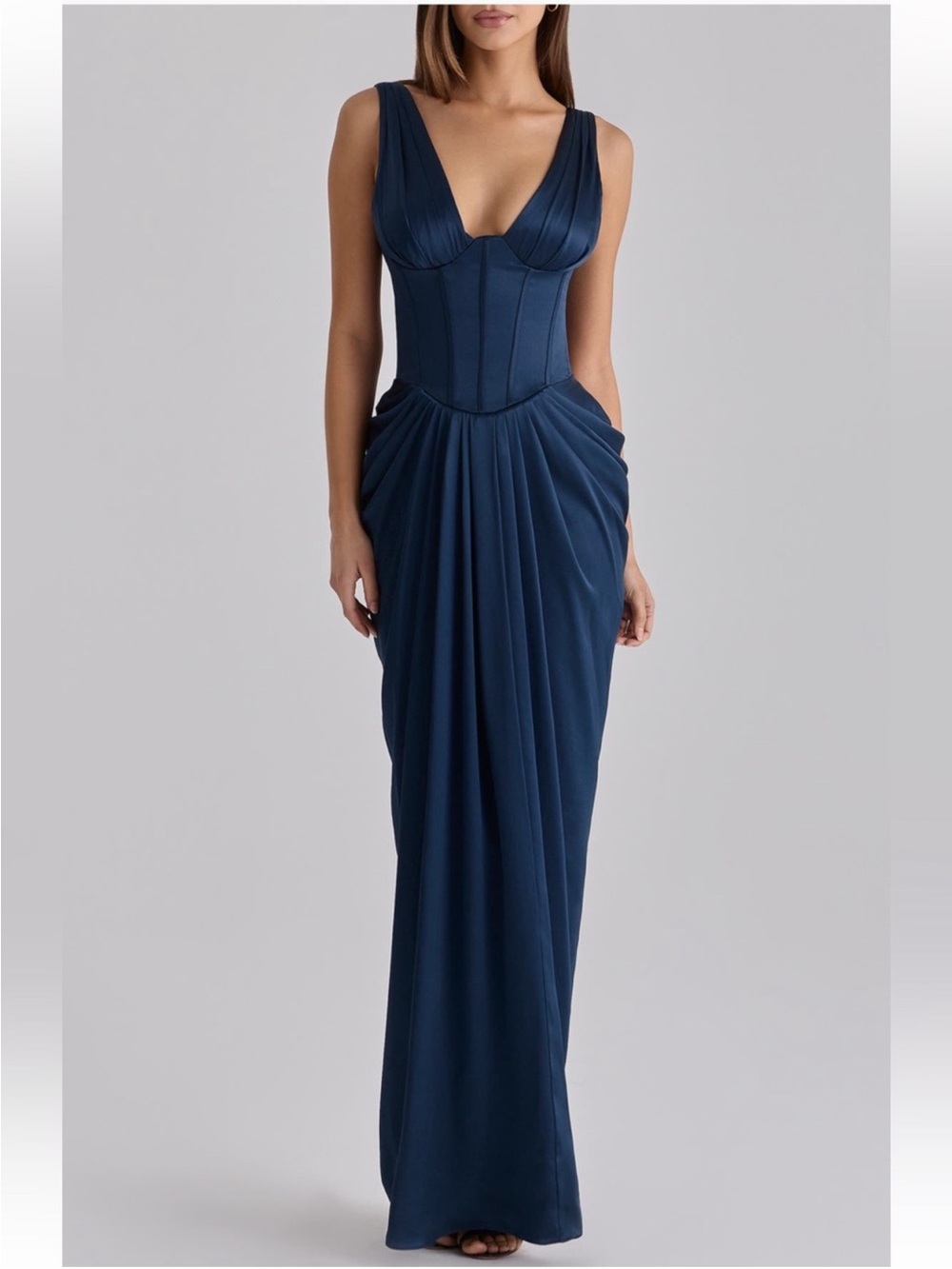✨NEW✨HOUSE OF CB Angeline Sleeveless Satin Corset Gown Navy Blue